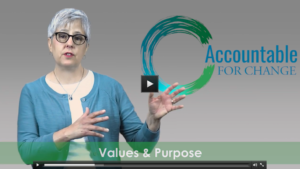 Video screenshot of Sue talking with text "Values and purpose"