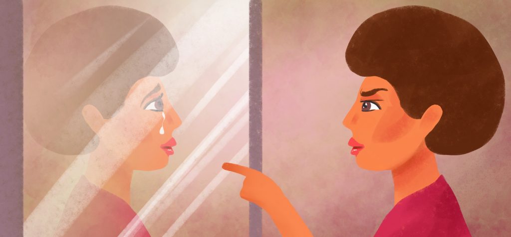 illustration of a woman in front of a mirror scolding herself and her reflection in the mirror crying and suffering from it. Self-condemnation, self-rejection, psychological illness